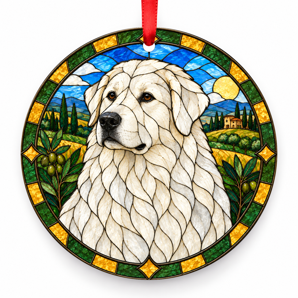 White Abruzzes and Maremma Shepherd Dog stained glass style porcelain Christmas ornament with red ribbon