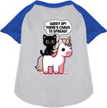 Blue pet raglan shirt with unicorn and cat design