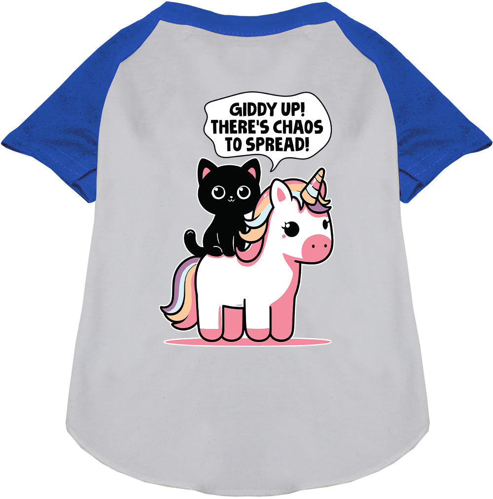 Blue pet raglan shirt with unicorn and cat design