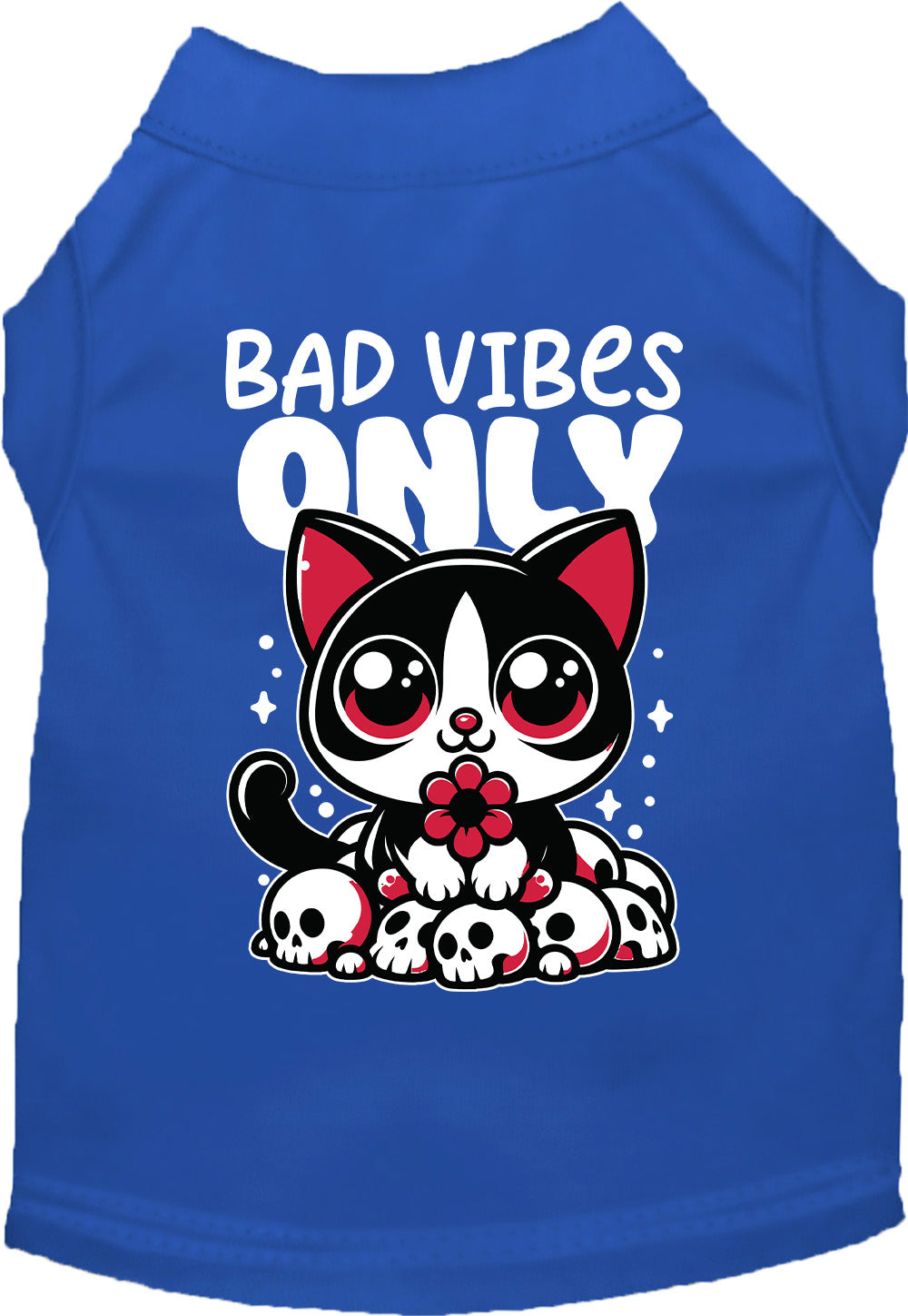 Blue pet shirt with 'Bad Vibes Only' design