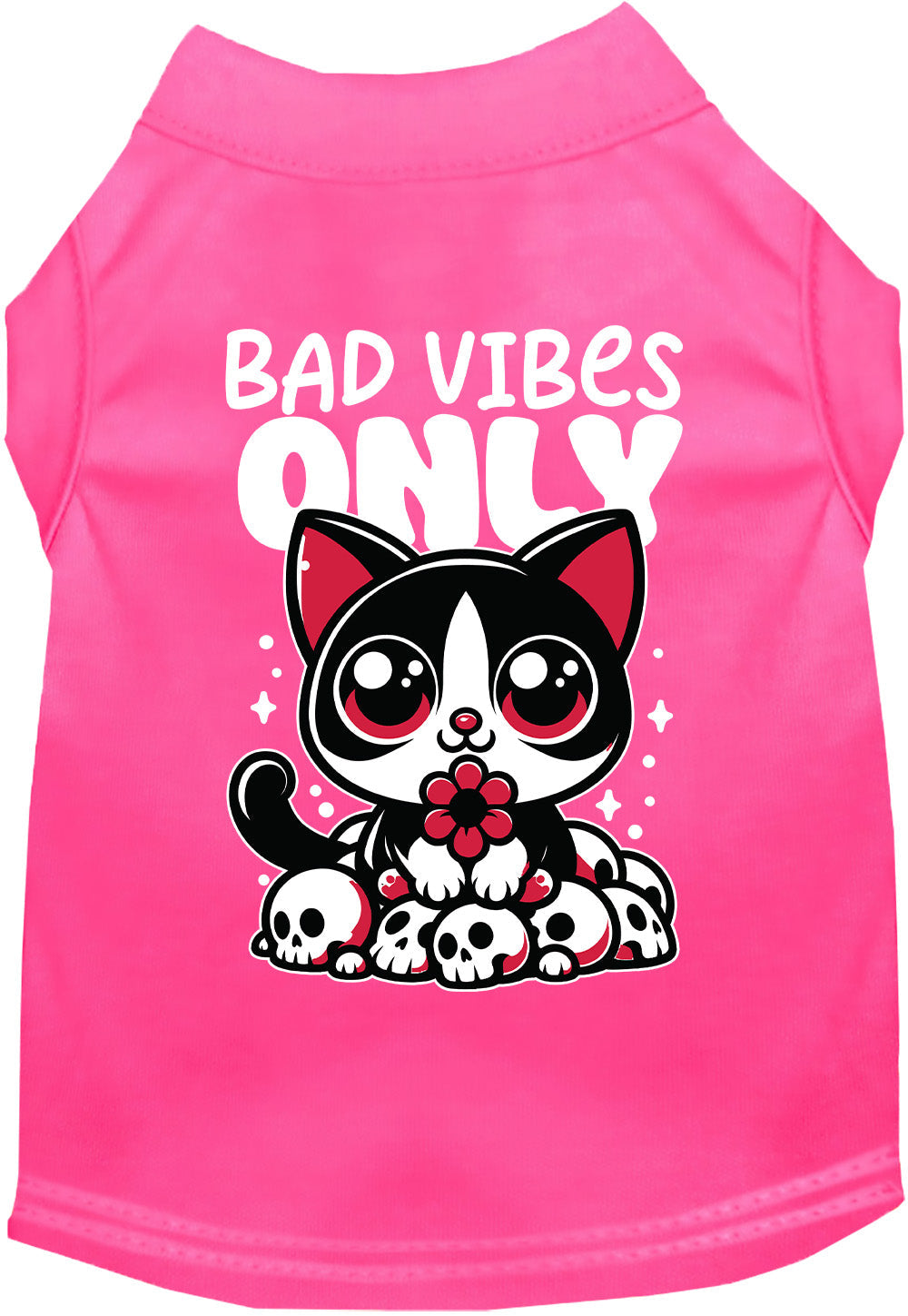 Pink pet shirt with 'Bad Vibes Only' design
