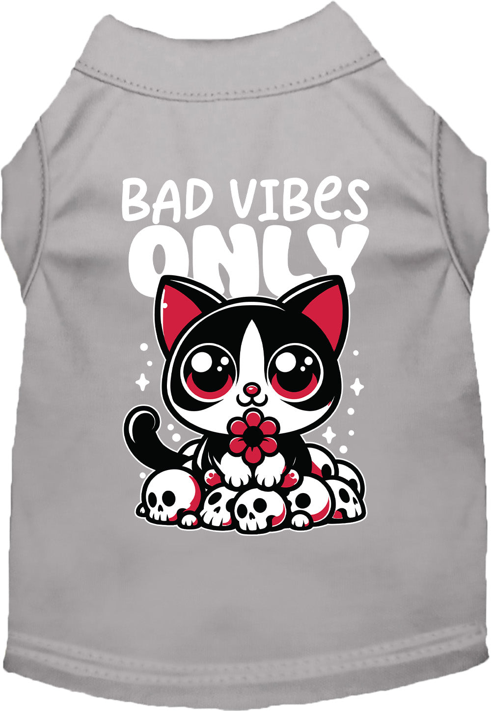 Gray pet shirt with 'Bad Vibes Only' design