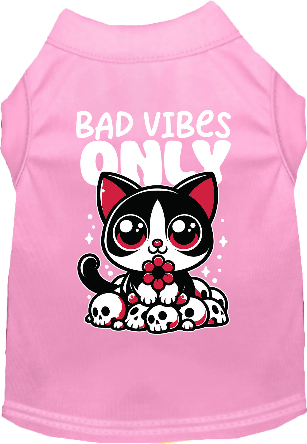 Light pink pet shirt with 'Bad Vibes Only' design