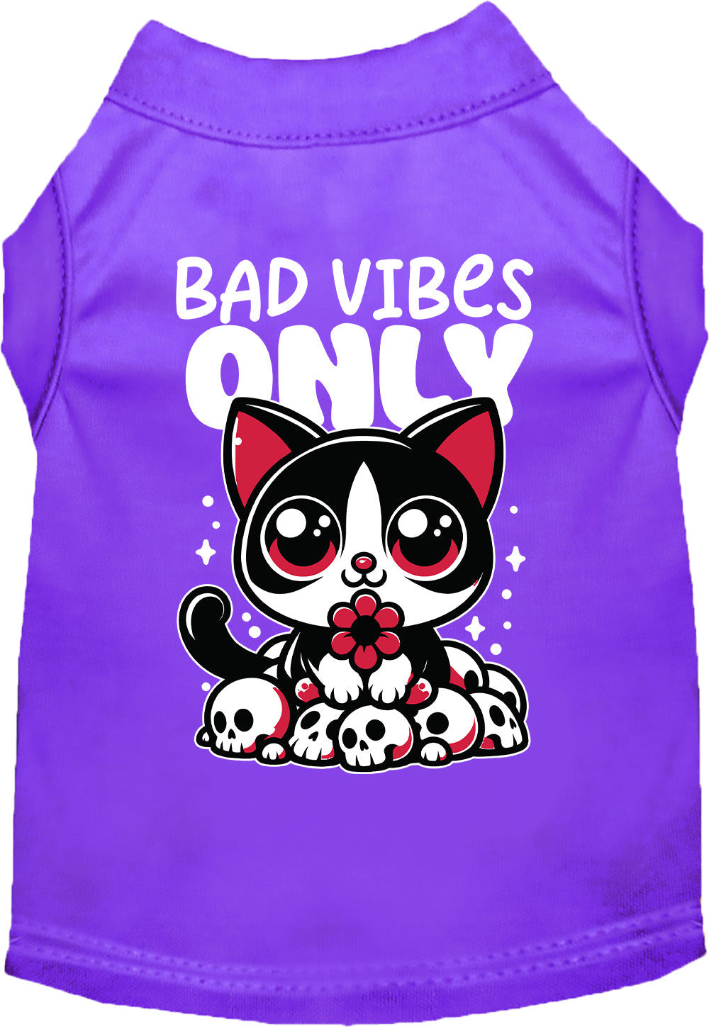 Purple pet shirt with 'Bad Vibes Only' design