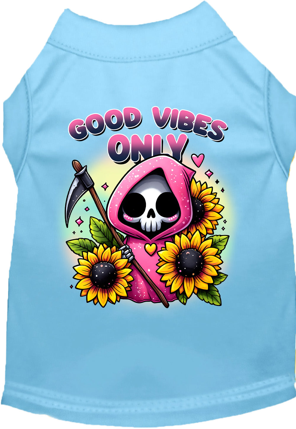 Blue pet shirt with sunflowers and scythe design