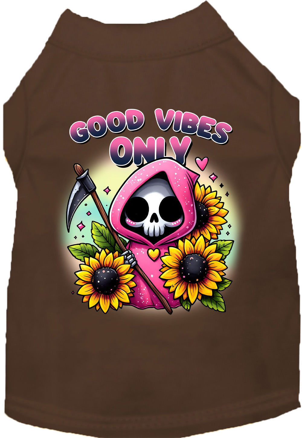 Brown pet shirt with sunflowers and scythe design