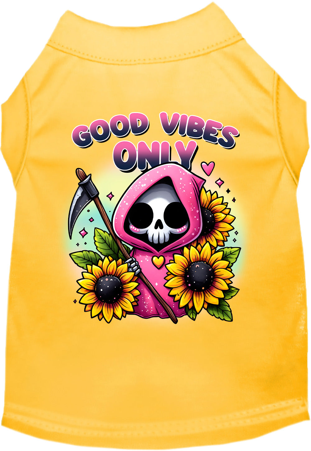 Yellow pet shirt with sunflowers and scythe design