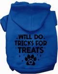 Dark blue pet hoodie with 'Will Do Tricks for Treats' design