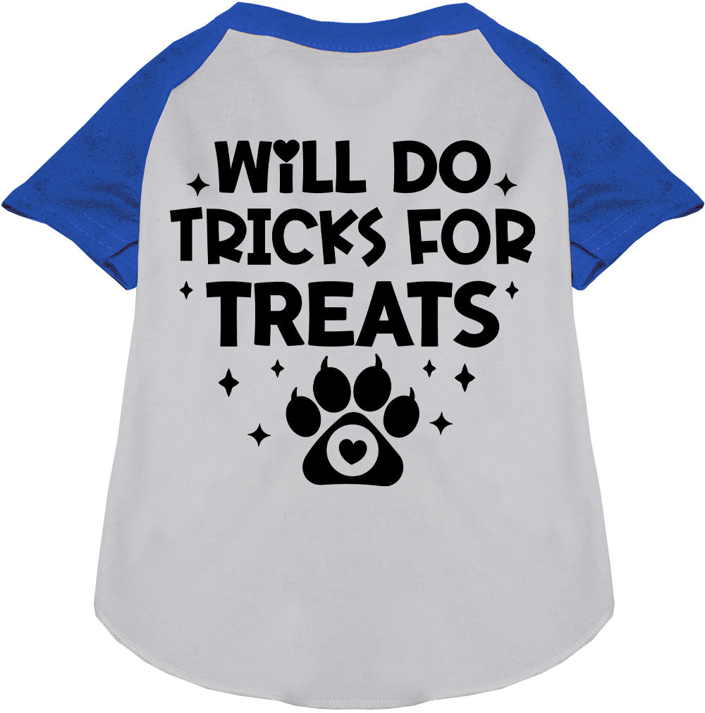 Blue sleeve pet raglan shirt with 'Will Do Tricks for Treats' print