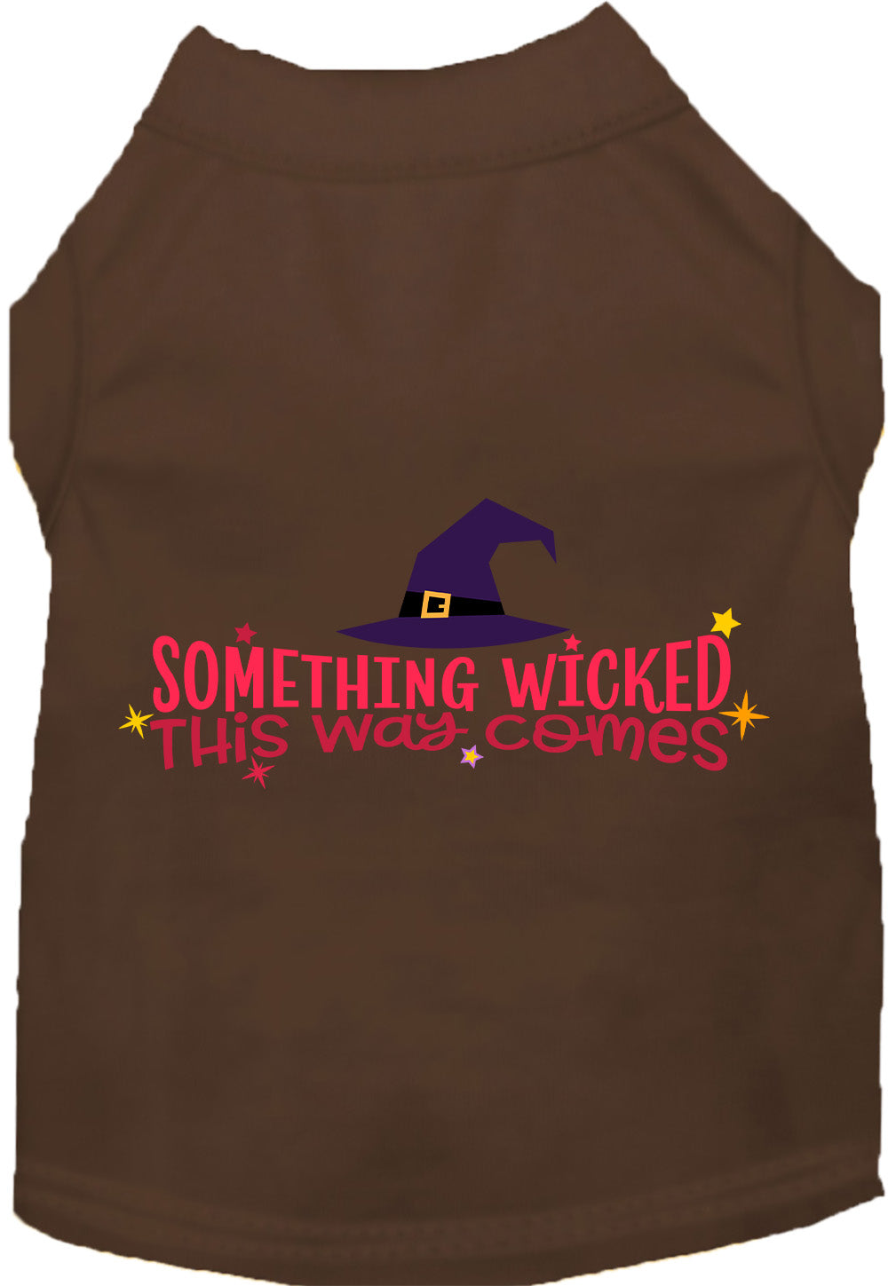 Brown pet shirt with 'Something Wicked This Way Comes' design