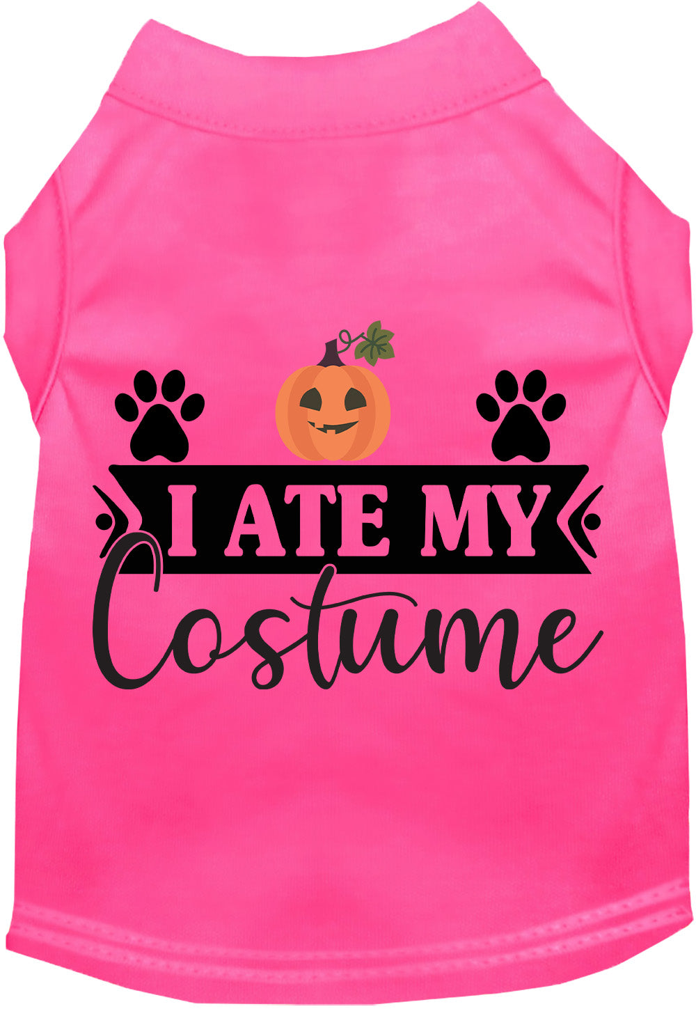 Pink 'I Ate My Costume' pet shirt with pumpkin design