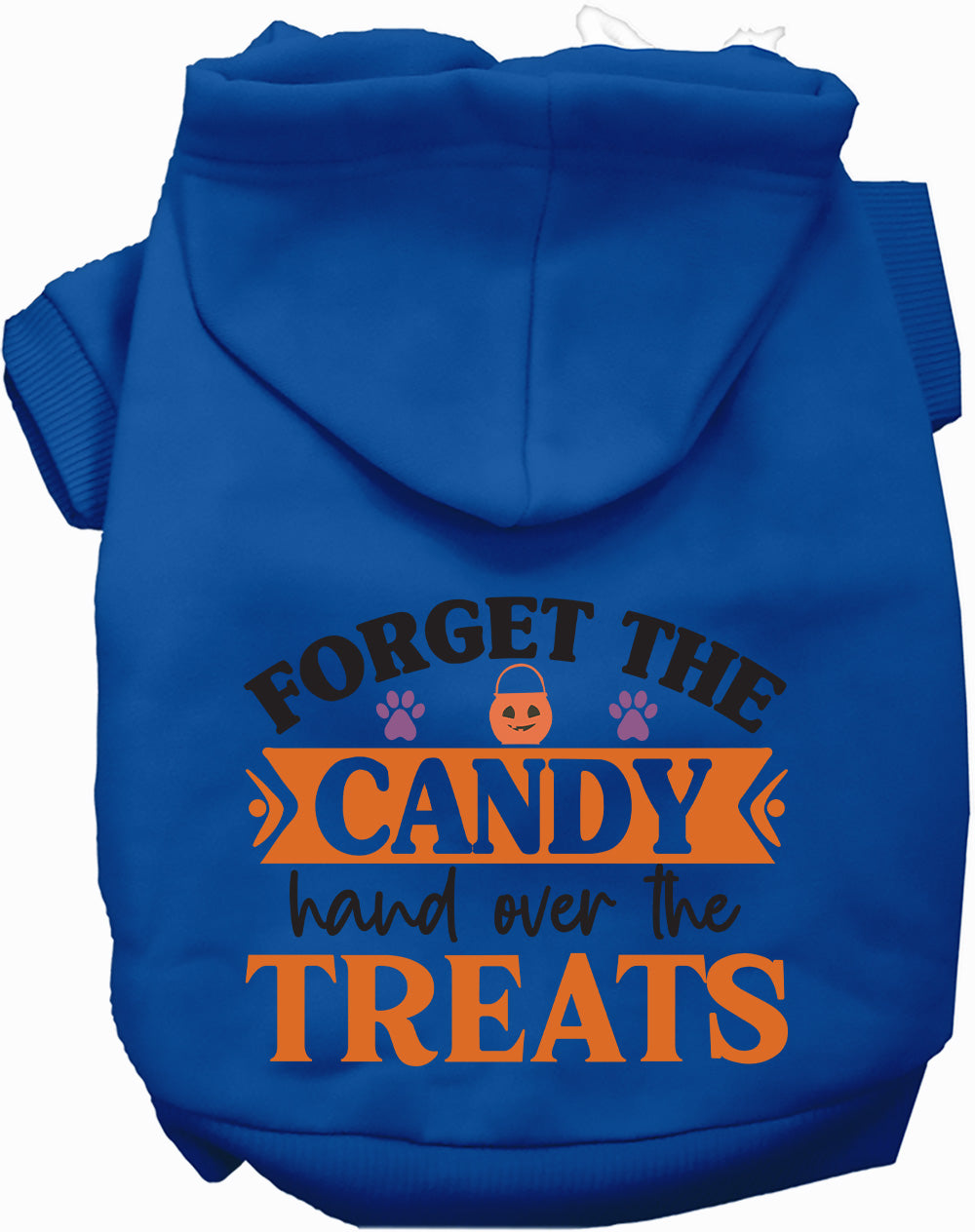 Blue pet hoodie with 'Forget the Candy' design