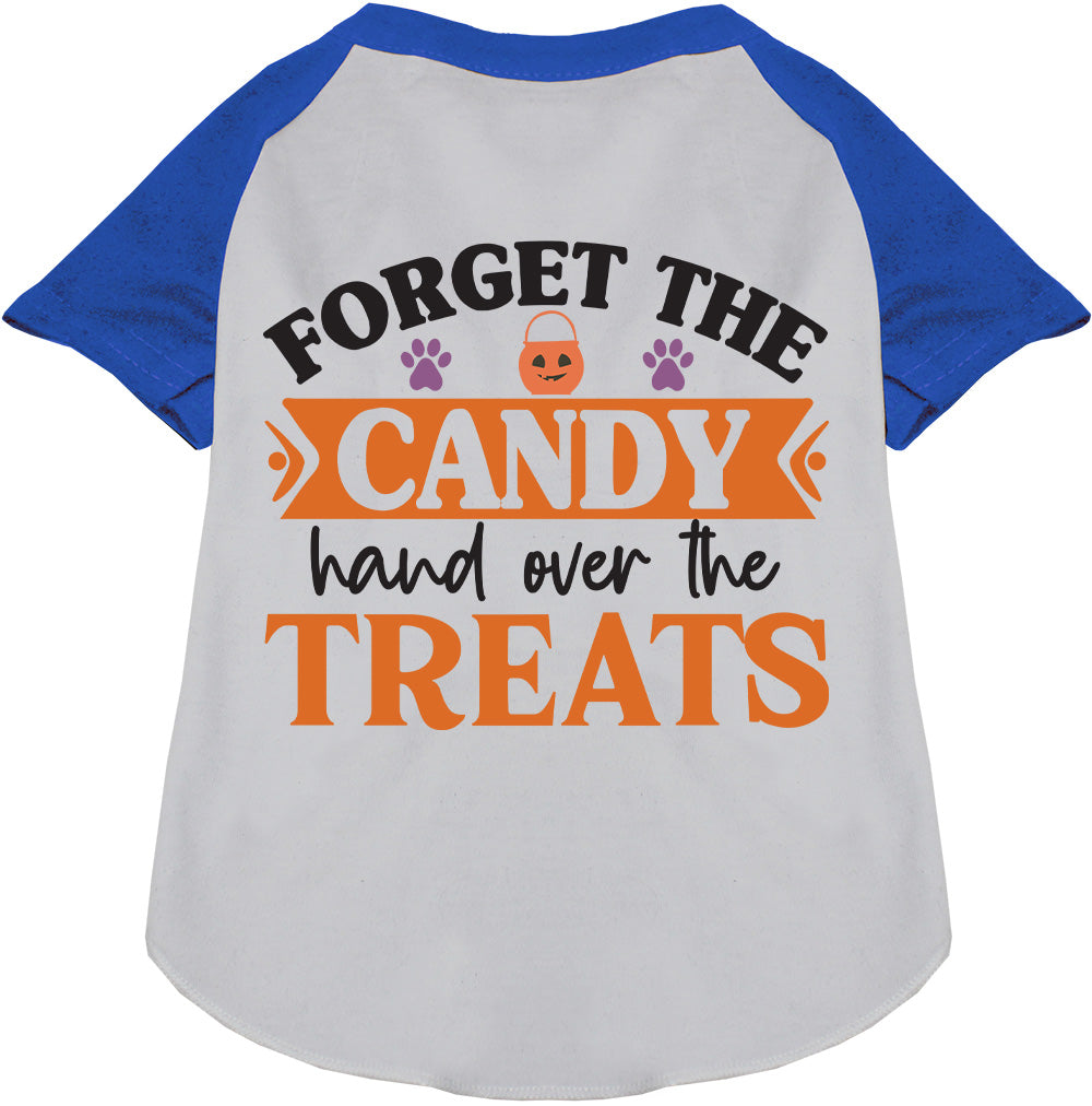 Blue sleeve pet raglan shirt with 'Forget the Candy' print