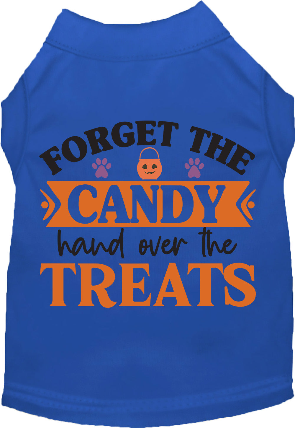 Blue pet shirt with 'Forget the Candy' Halloween design