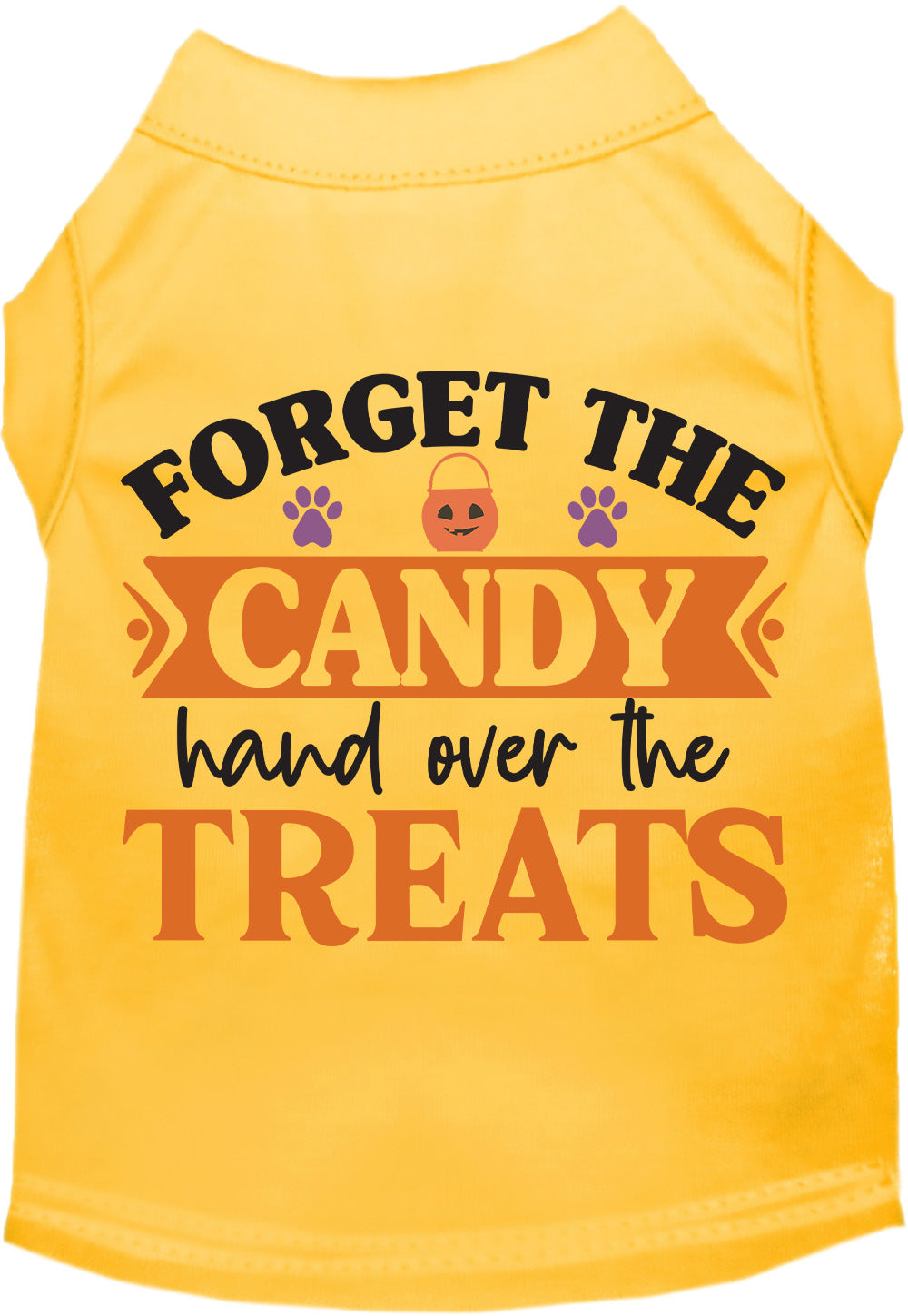 Yellow pet shirt with 'Forget the Candy' Halloween design