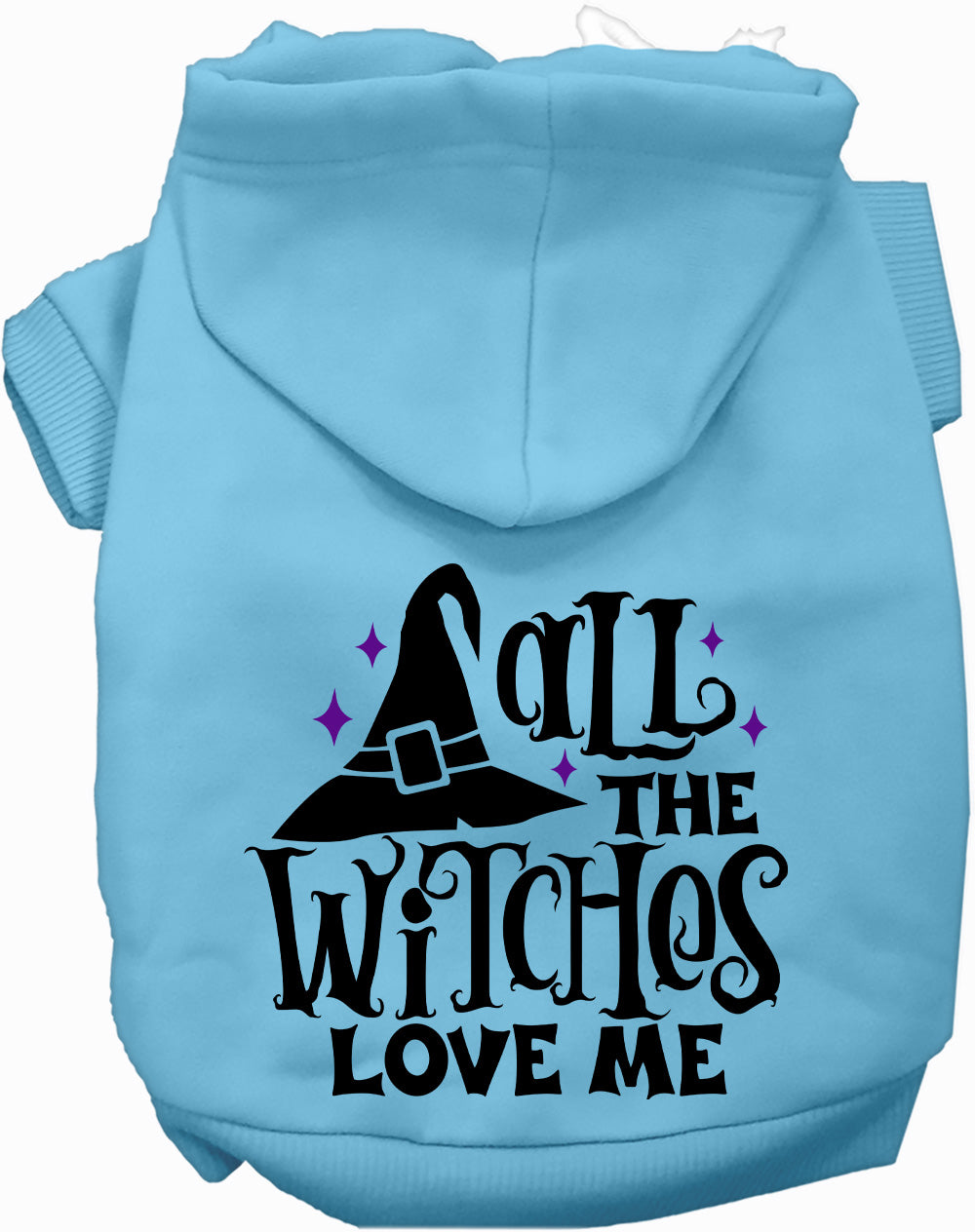 Light blue pet hoodie with 'All the Witches Love Me!' design