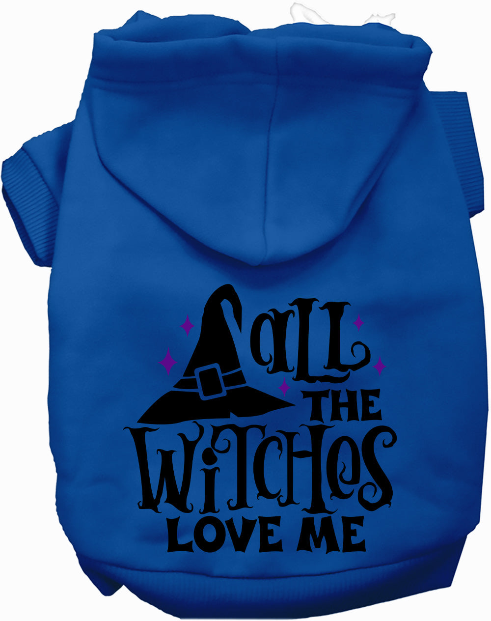 Blue pet hoodie with 'All the Witches Love Me!' design