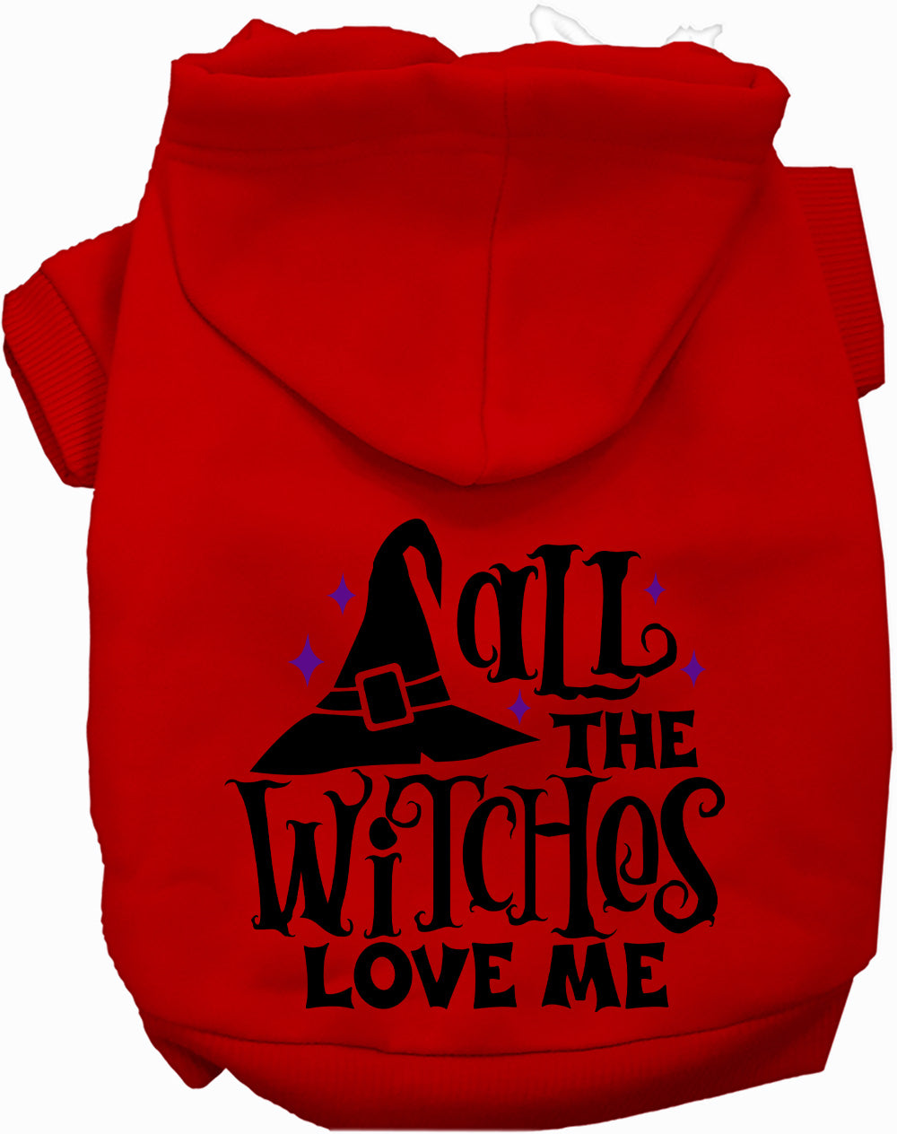 Red pet hoodie with 'All the Witches Love Me!' design