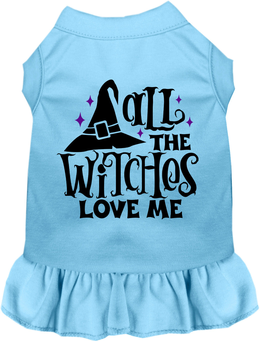 Blue pet dress with 'All the Witches Love Me' design