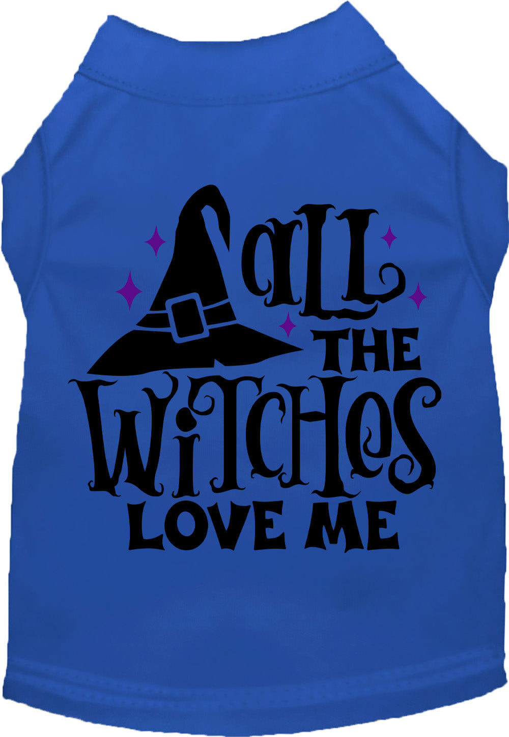 Royal blue pet shirt with 'All the Witches Love Me' design