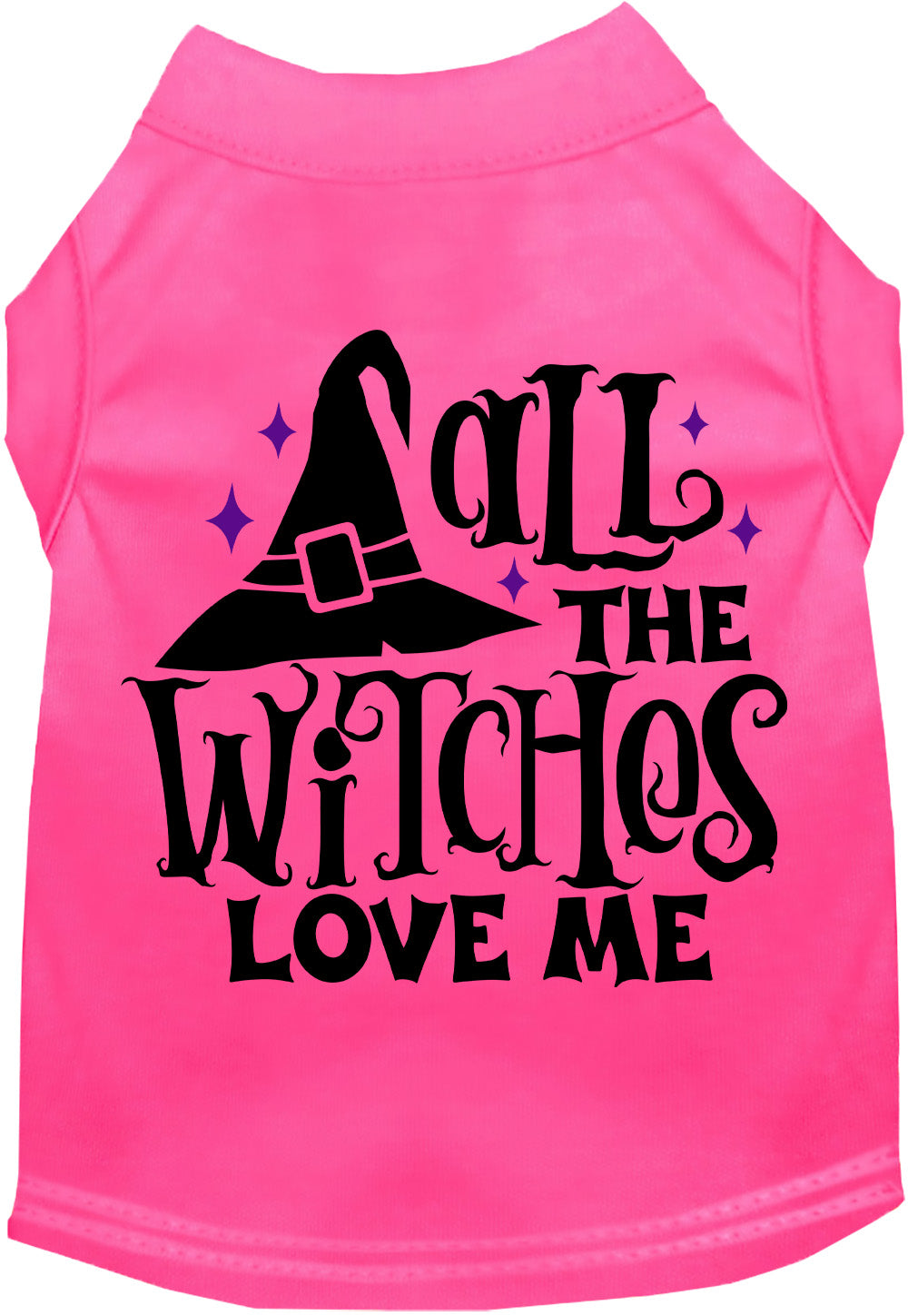 Hot pink pet shirt with 'All the Witches Love Me' design