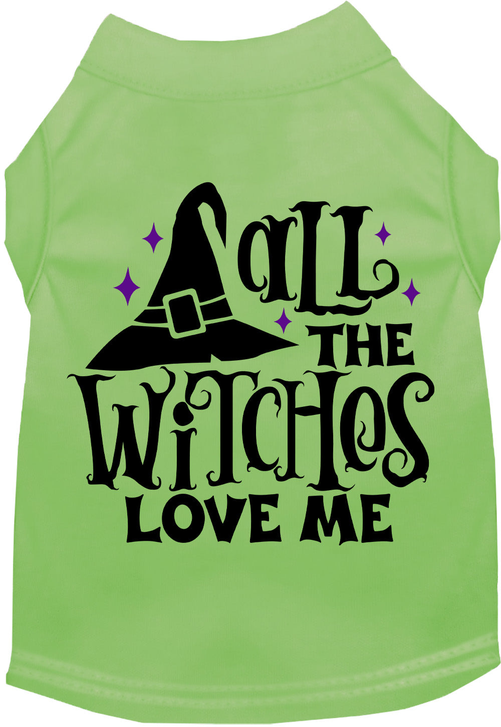 Green pet shirt with 'All the Witches Love Me' design
