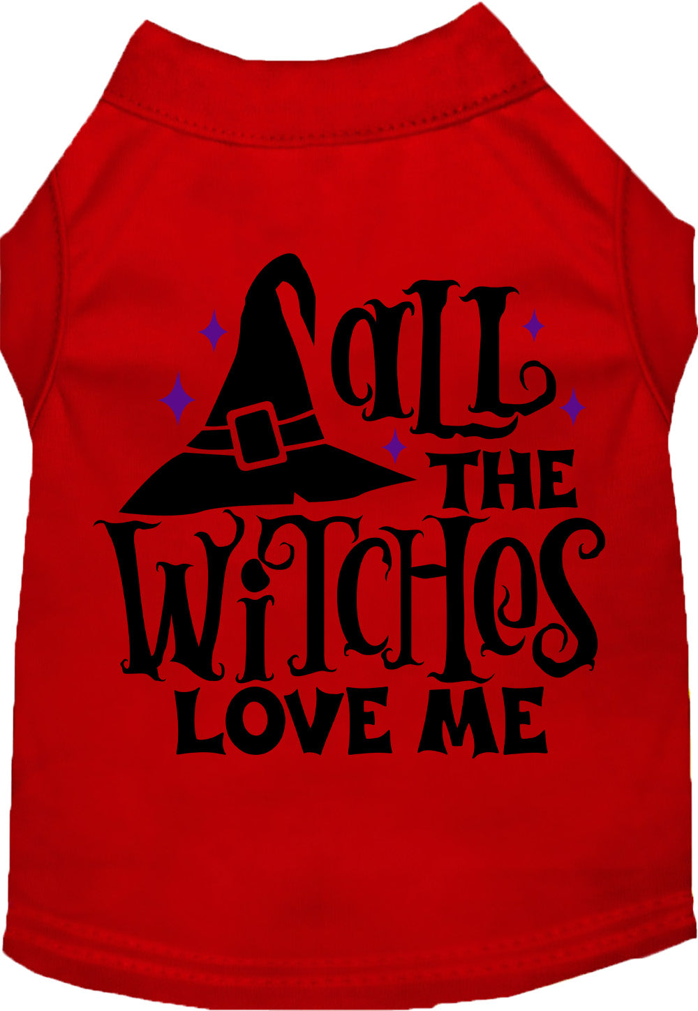 Red pet shirt with 'All the Witches Love Me' design