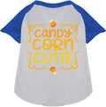 White Candy Corn Cutie pet raglan shirt with blue sleeves