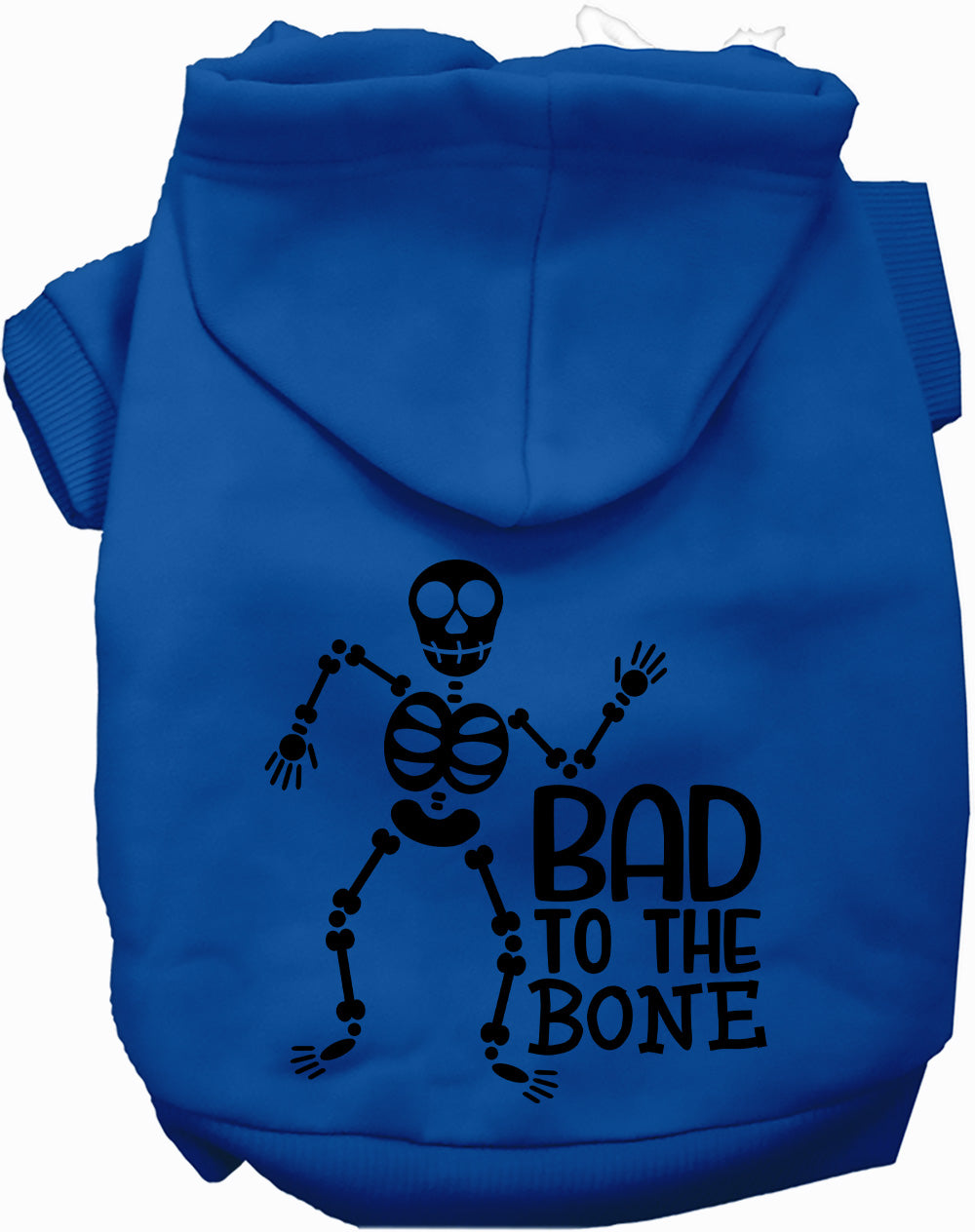 Dark blue Bad to the Bone pet hoodie with skeleton design