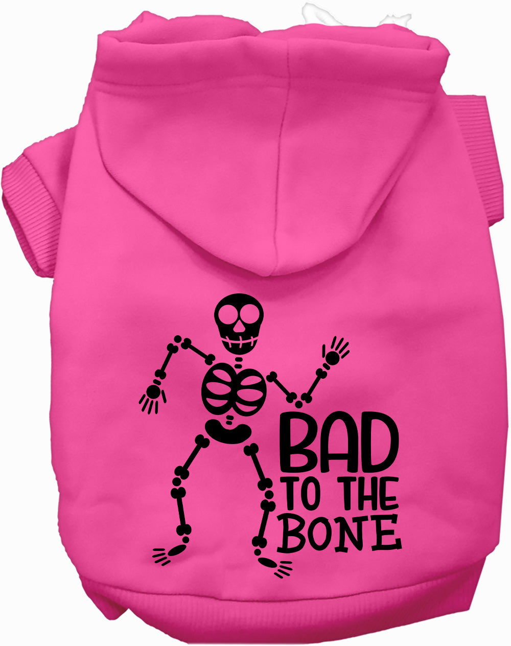 Pink Bad to the Bone pet hoodie with skeleton design