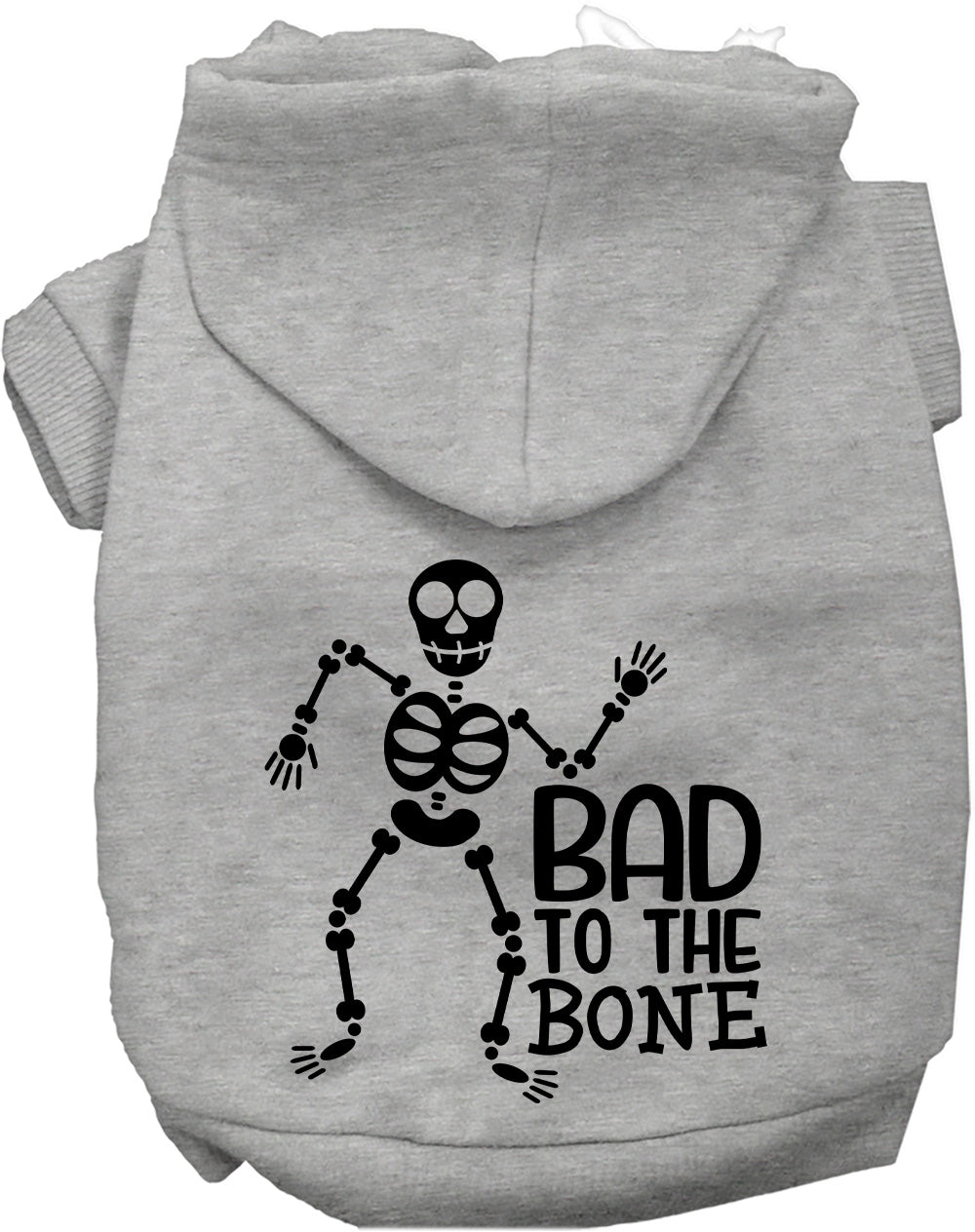 Gray Bad to the Bone pet hoodie with skeleton design
