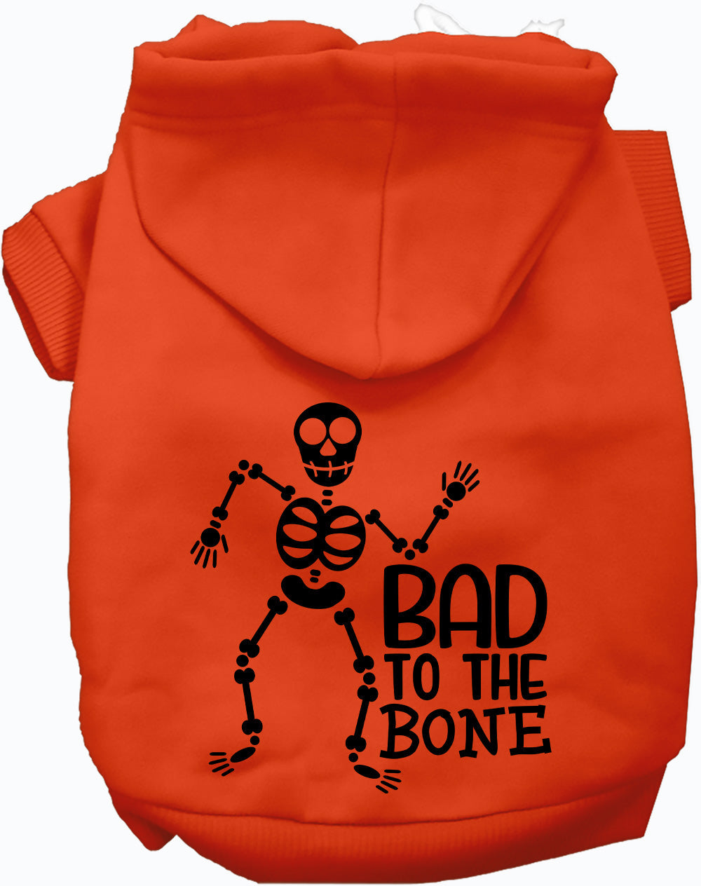 Orange Bad to the Bone pet hoodie with skeleton design