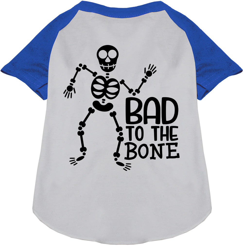 Blue pet raglan shirt with skeleton design