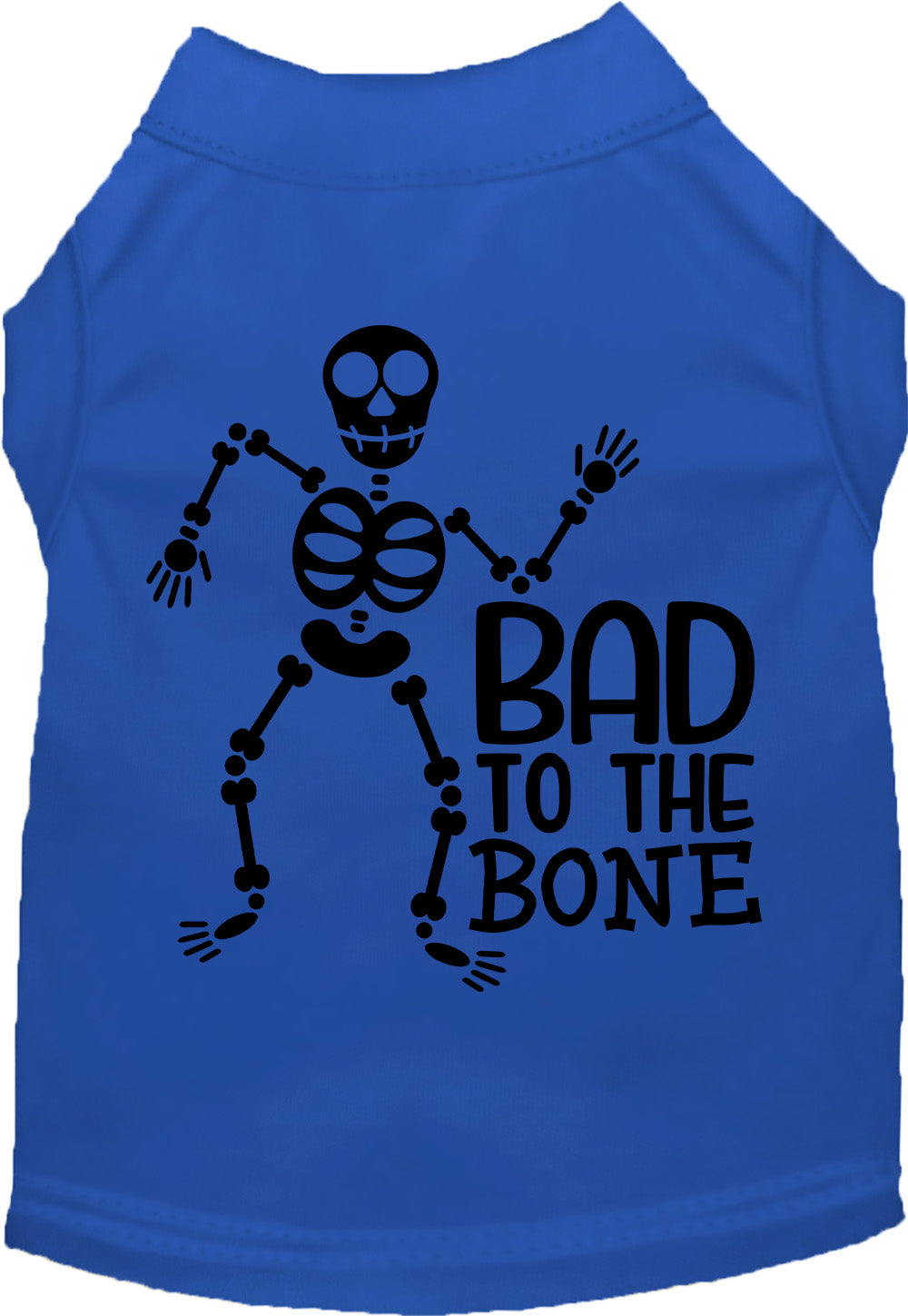 Blue Bad to the Bone pet shirt with skeleton design