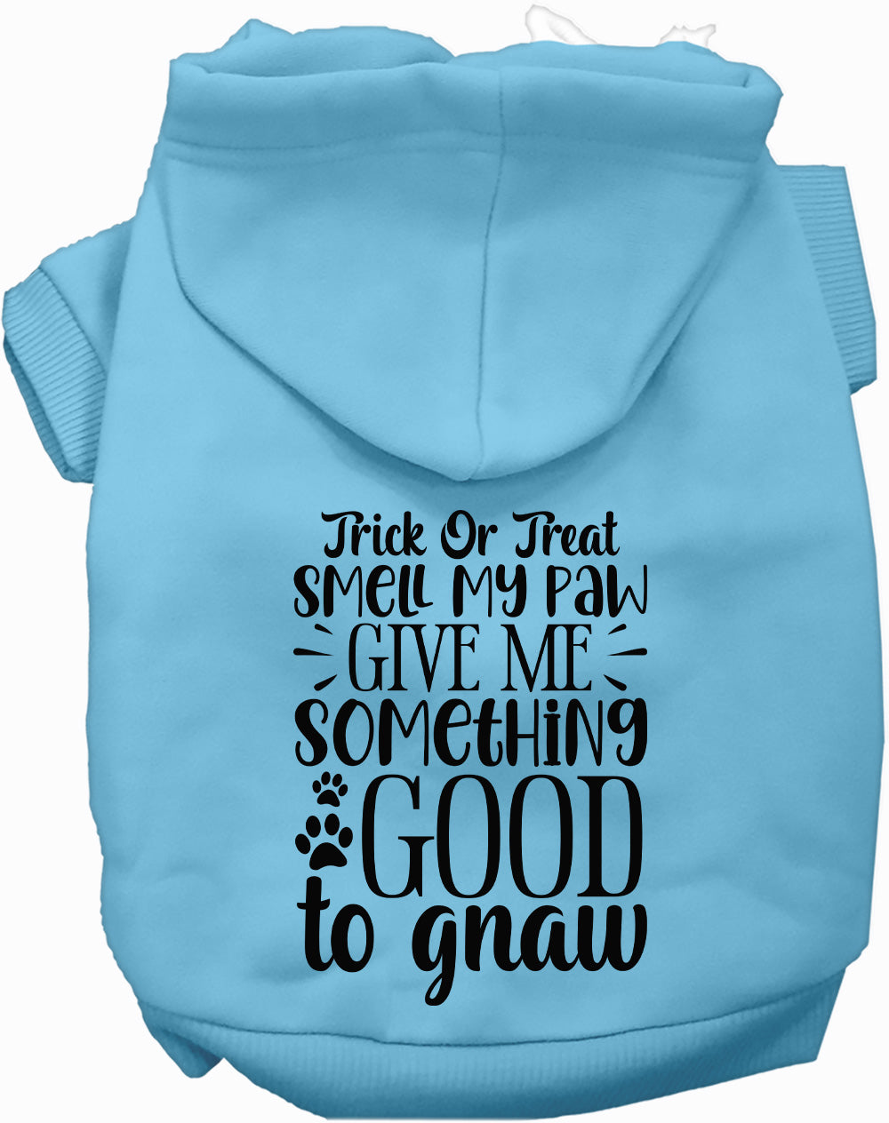 Light blue Good to Gnaw pet hoodie with Halloween text