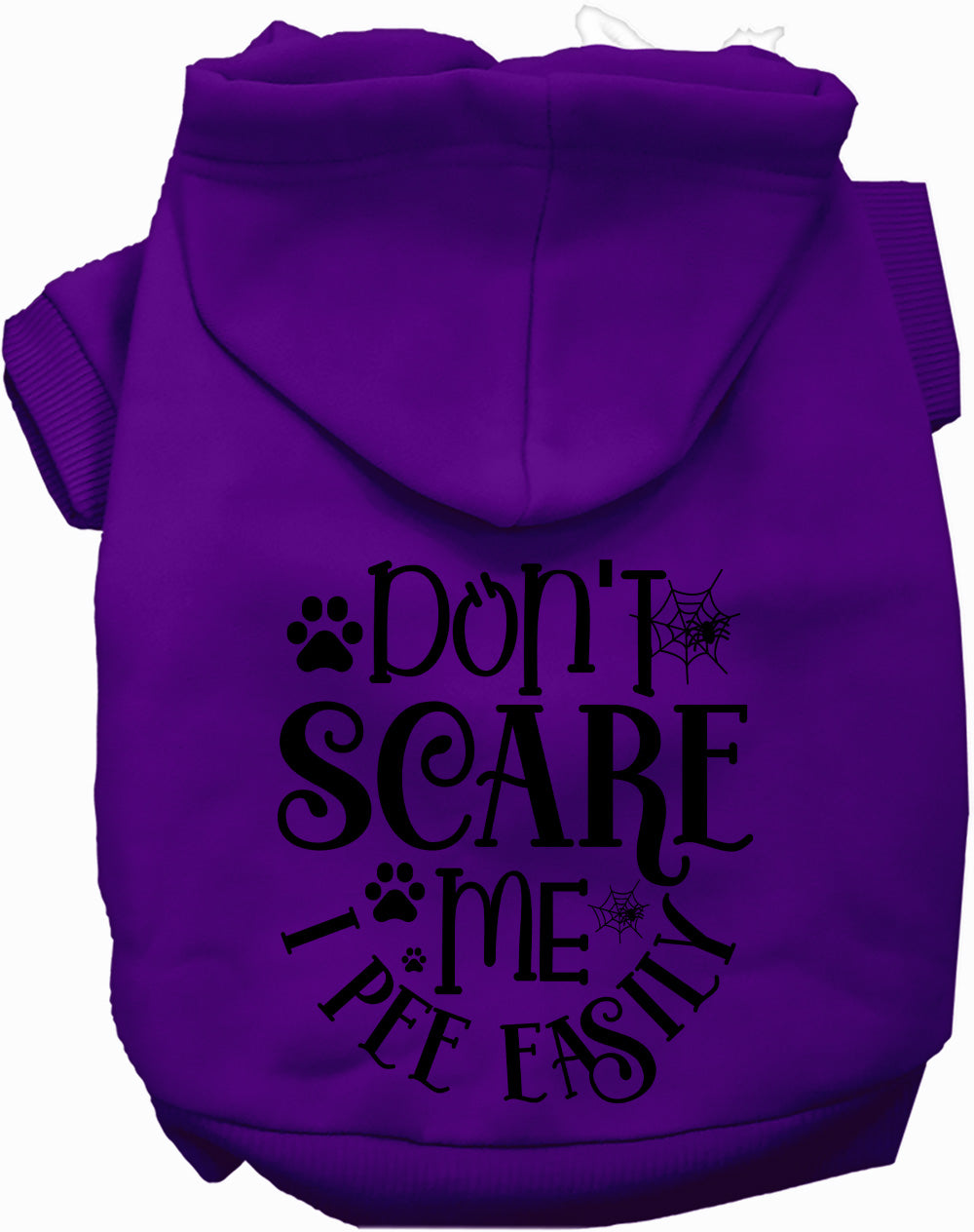 Purple pet hoodie with 'Don't Scare Me, I Pee Easily' print