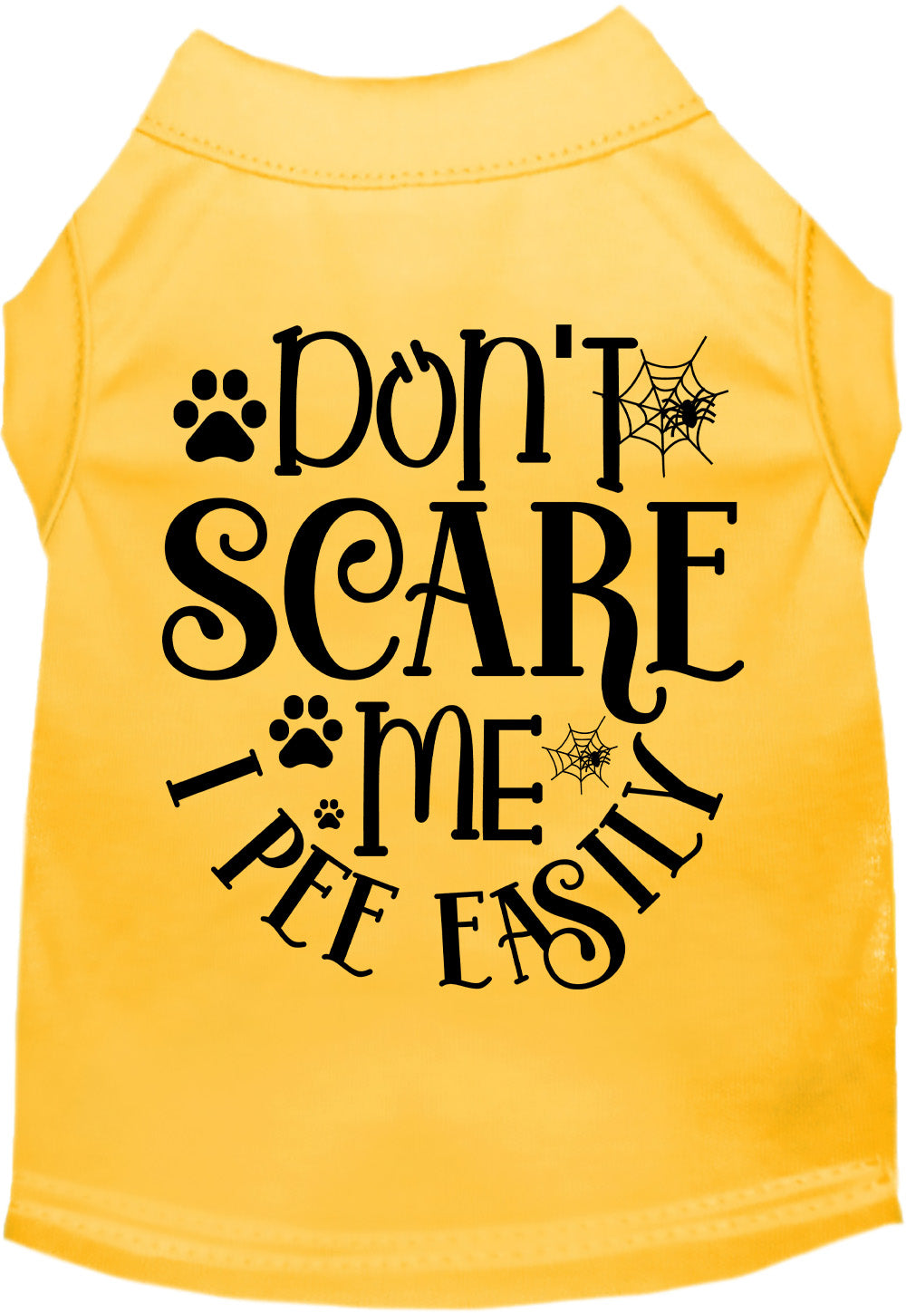 Yellow 'I Pee Easily' pet shirt with playful text