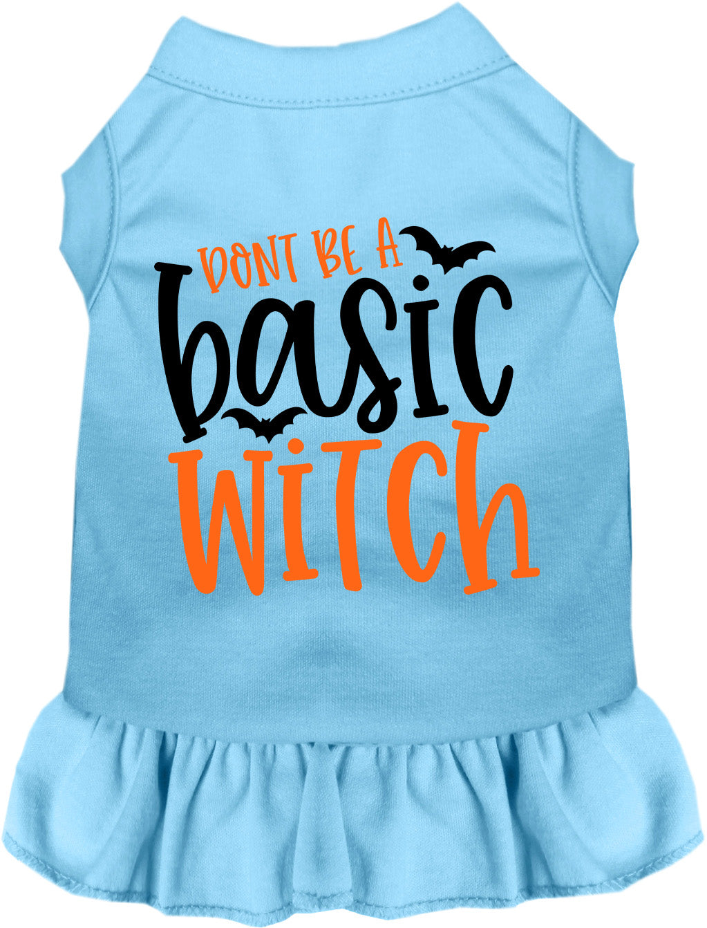 Blue pet dress with 'Don't Be a Basic Witch' design