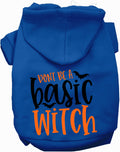 Dark blue pet hoodie with 'Don't Be a Basic Witch' design
