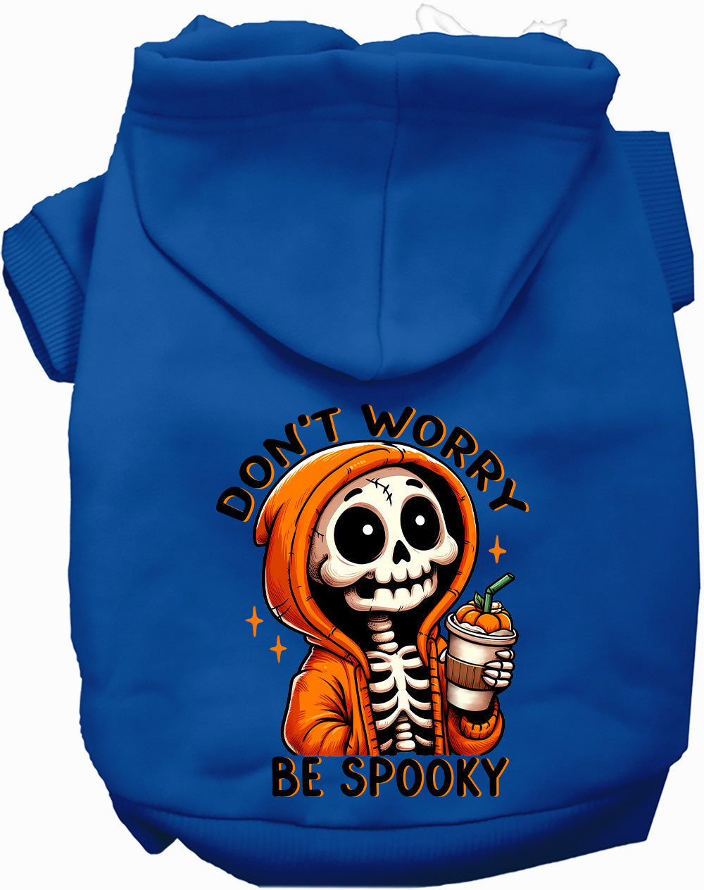 Dark blue spooky pet hoodie with skeleton design
