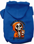 Dark blue spooky pet hoodie with skeleton design