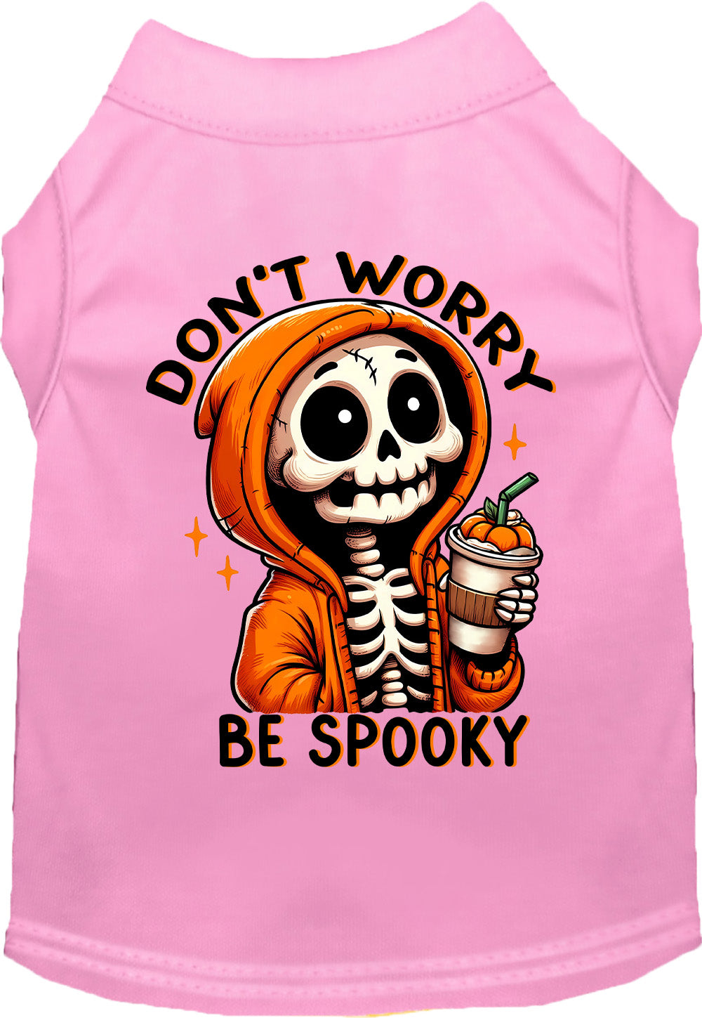 Light pink Don't Worry, Be Spooky pet shirt with skeleton design