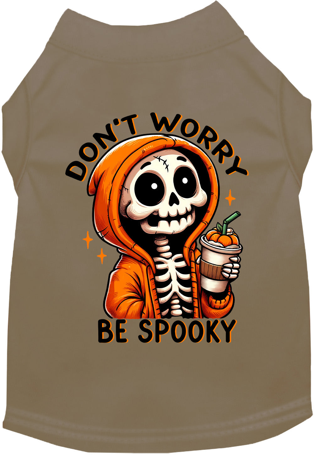Brown Don't Worry, Be Spooky pet shirt with skeleton design