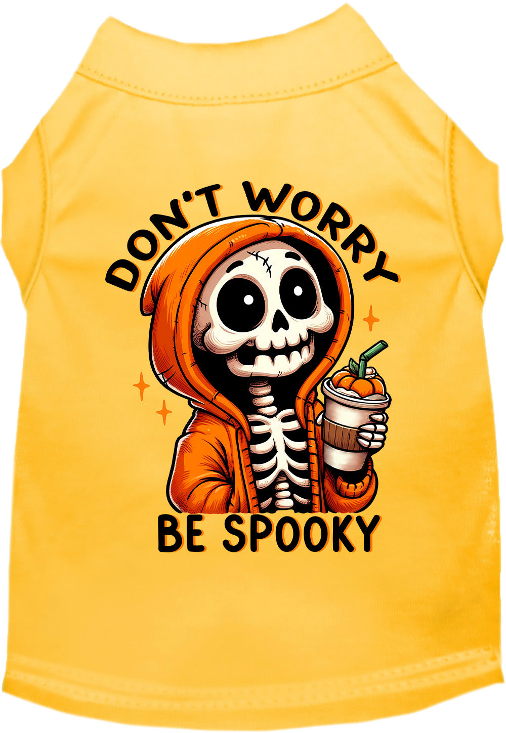 Yellow Don't Worry, Be Spooky pet shirt with skeleton design