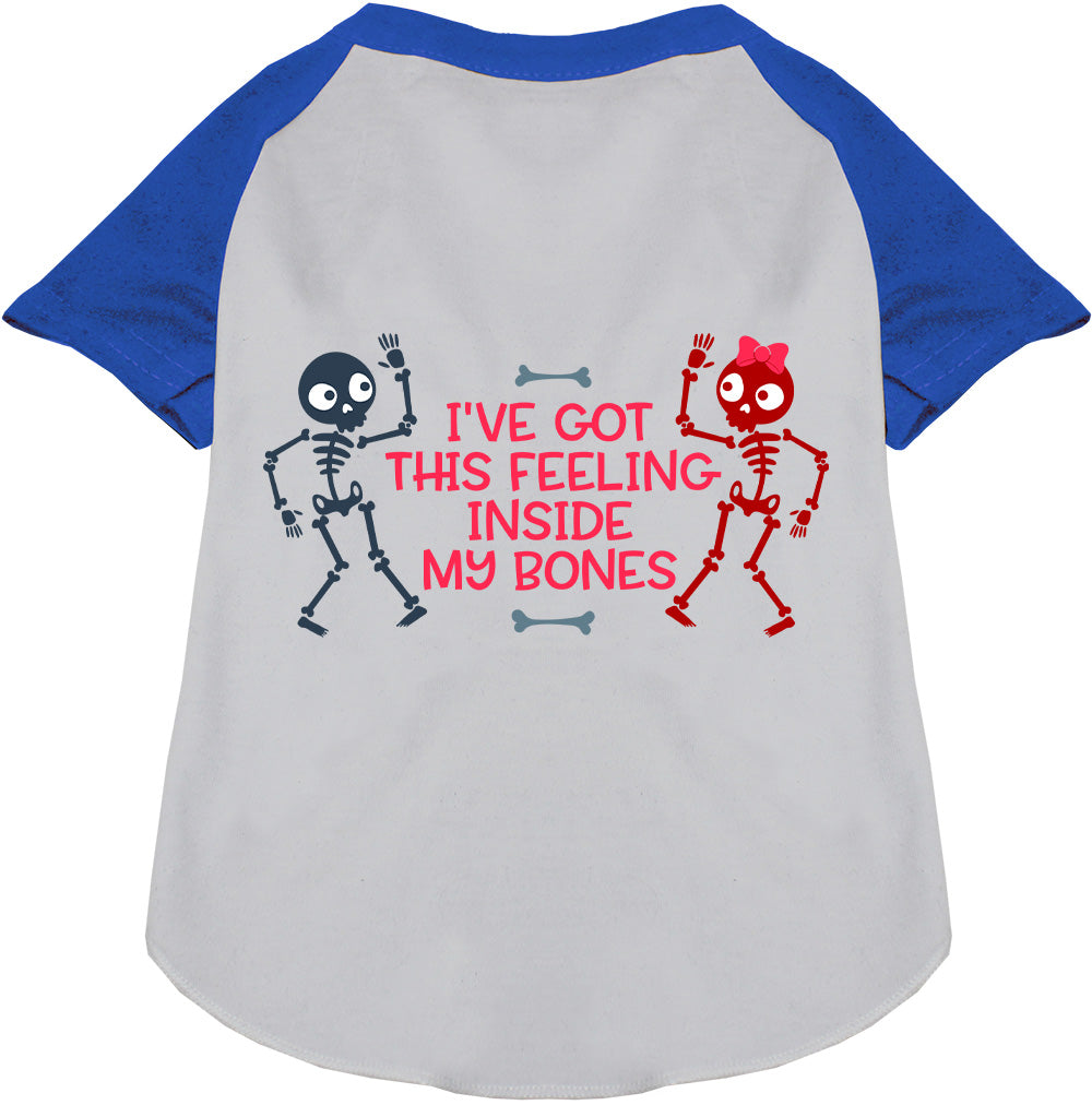 Blue Inside My Bones pet raglan shirt with skeletons