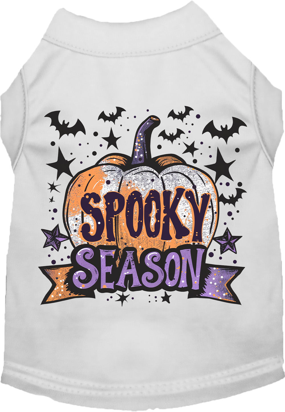 White Batty Spooky Season pet shirt with pumpkin design