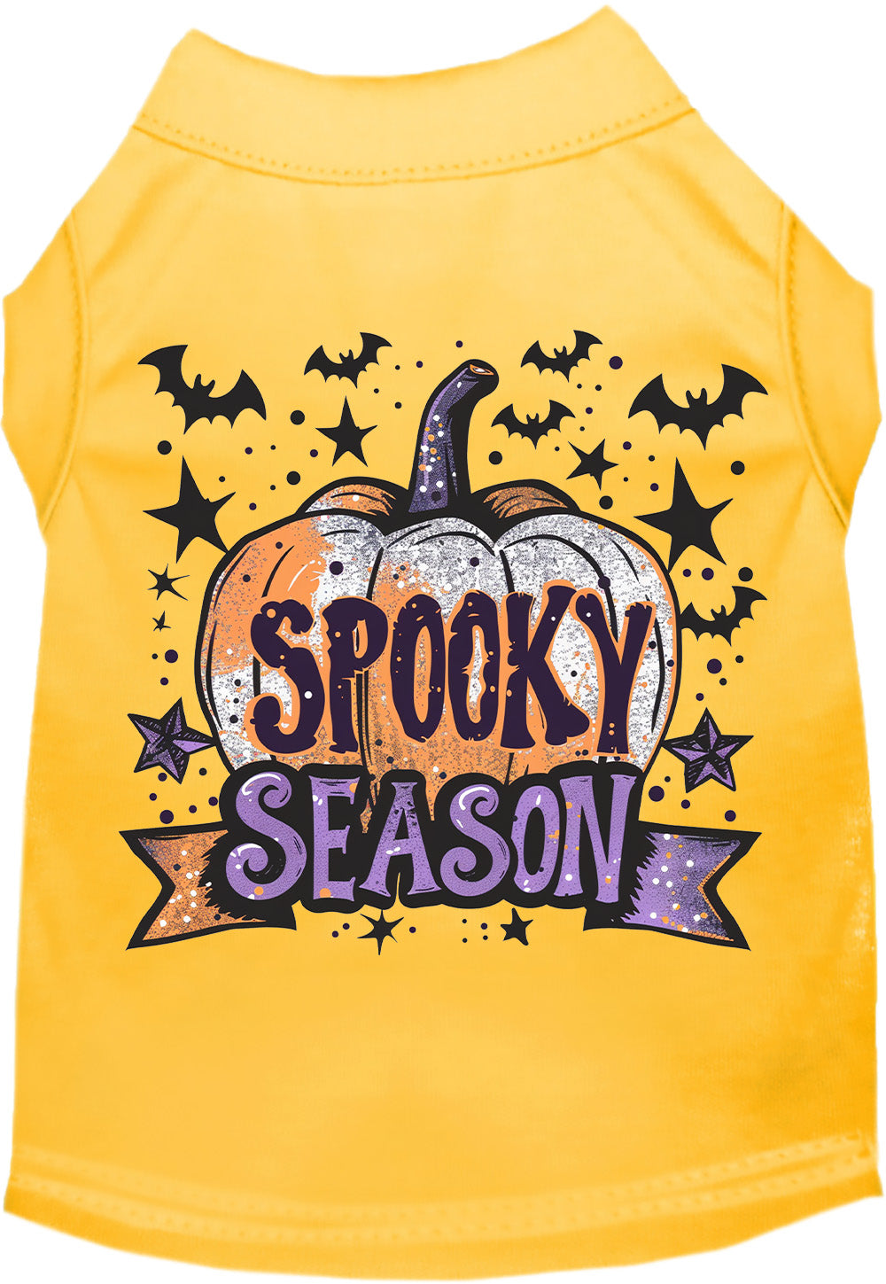 Yellow Batty Spooky Season pet shirt with pumpkin design