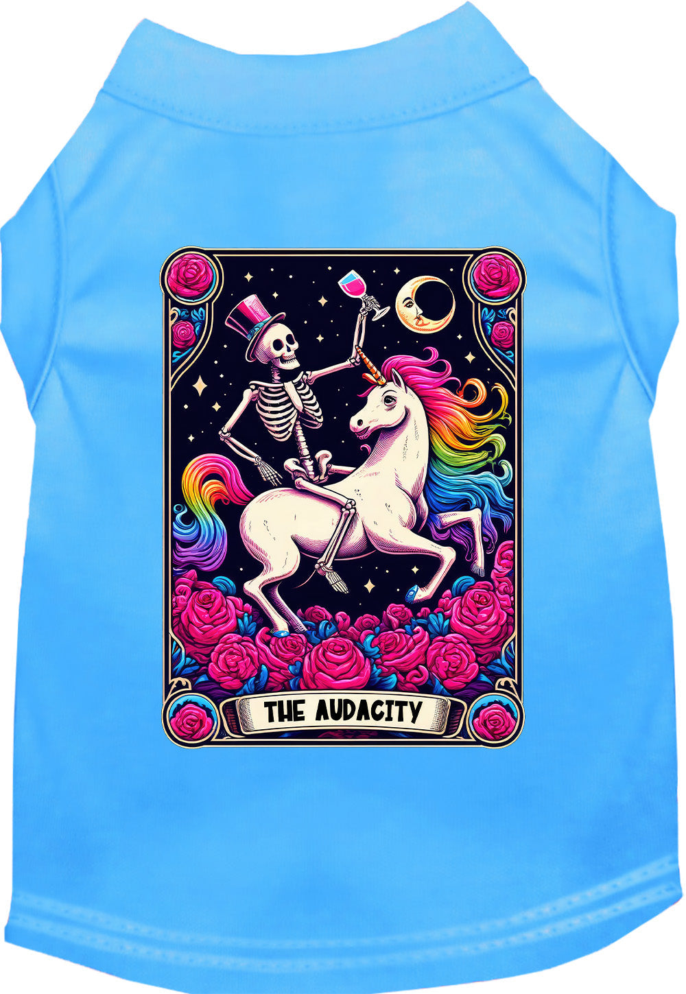 Bright blue pet shirt with skeleton and unicorn design