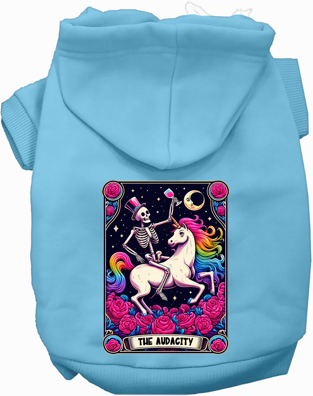Light blue pet hoodie with skeleton and unicorn design