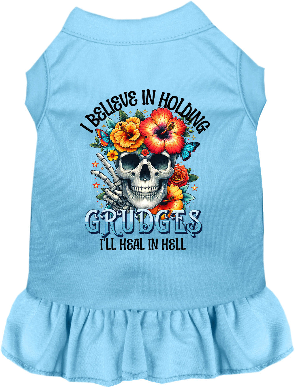 Blue Grudges pet dress with skull and flowers design
